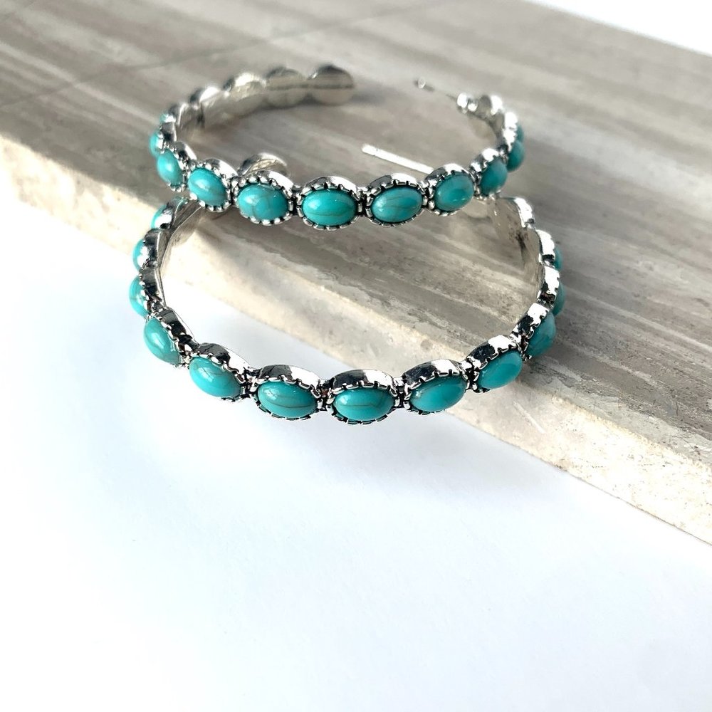 NEW ~ Free People Turquoise Stone "Buckaroo Hoops" Silver Earrings - Picture 7 of 16